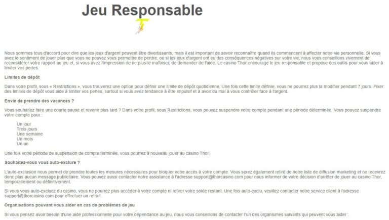 Thor Casino jeu responsable
